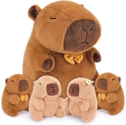 Achwishap 5PCS Capybara Plush,Capybara Stuffed Animal Mommy with 4 Capybara Babies Plush Toy,Cute Plushie Capybara Hugging Pillow Cuddle Plushie for Kids Girls Boys Gifts(Capybara Family,16”,Brown)
