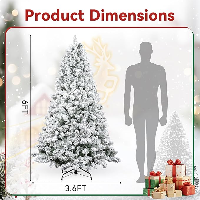 6 FT Artificial Christmas Tree, Snow Flocked Xmas Tree 860 Snowflake Branches, Hinged Pine Tree with Solid Metal Stand for Indoor and Outdoor Holiday Decoration