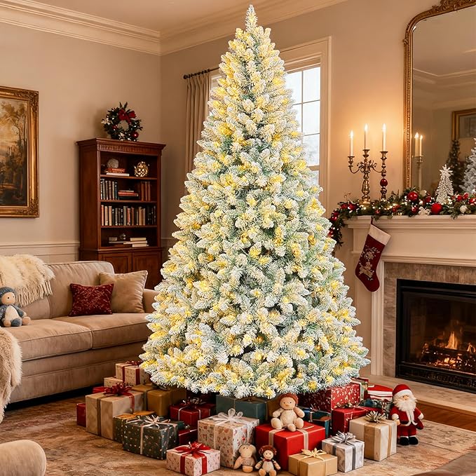 Hykolity 6ft Pre-lit Flocked Christmas Tree with Remote Control, 250 Multi-Color RGB Lights,1032 PVC Branch Tips, 15 Mode Artificial Hinged Christmas Tree for Home