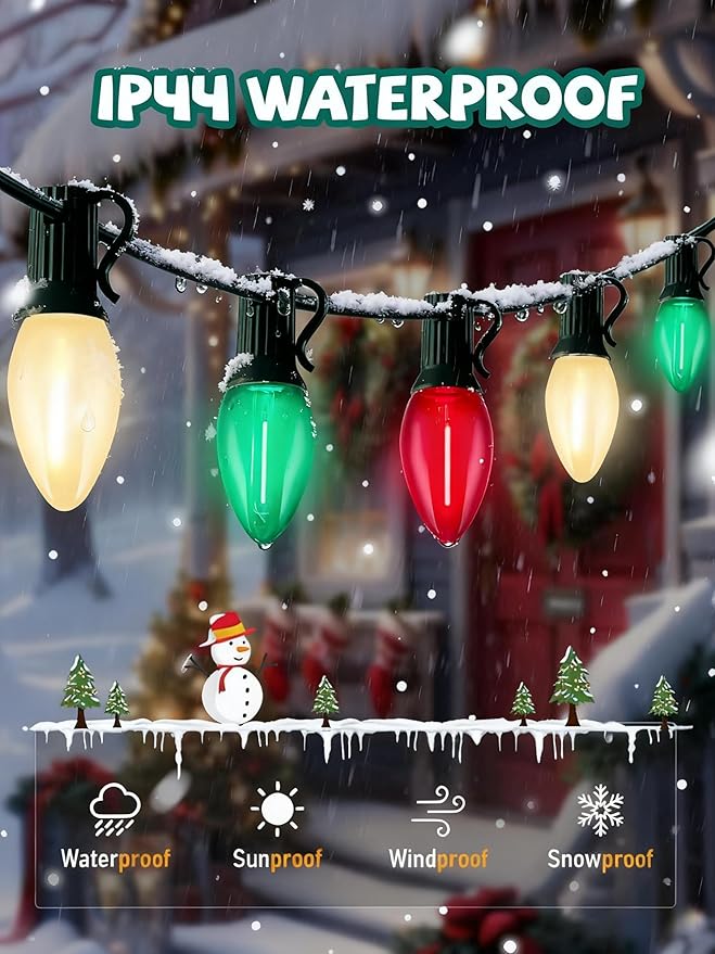 C7 LED Red White and Green Christmas Lights, 25Ft Outdoor Chritsmas String Lights Shatterproof with 27 LED Clear Multicolor Bulbs, Connectable Vintage Christmas Lights for Patio Garden Backyard Decor