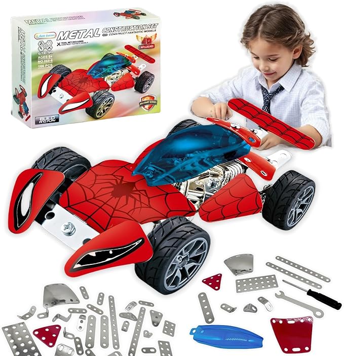 Metal Model Car Building Assembly Toys 166 PCS STEM Erector Set - Spidermodel Car Vehicle Model Construction Set for Boys and Girls Ages 8+
