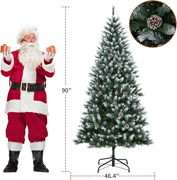 2025 Christmas Pre-Lit Pencil Tree 7.5FT with Lights, Automatic White Spray Artificial Xmas Tree with Pinecone, Decor for Christmas Holiday
