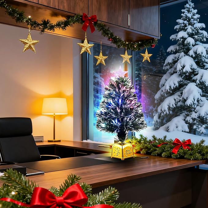 24inch Green Pre-lit Fiber Optic Christmas Tree,Tabletop Artificial mini Xmas Tree with Gold Base Pot, Stars for Holiday Home Decorations