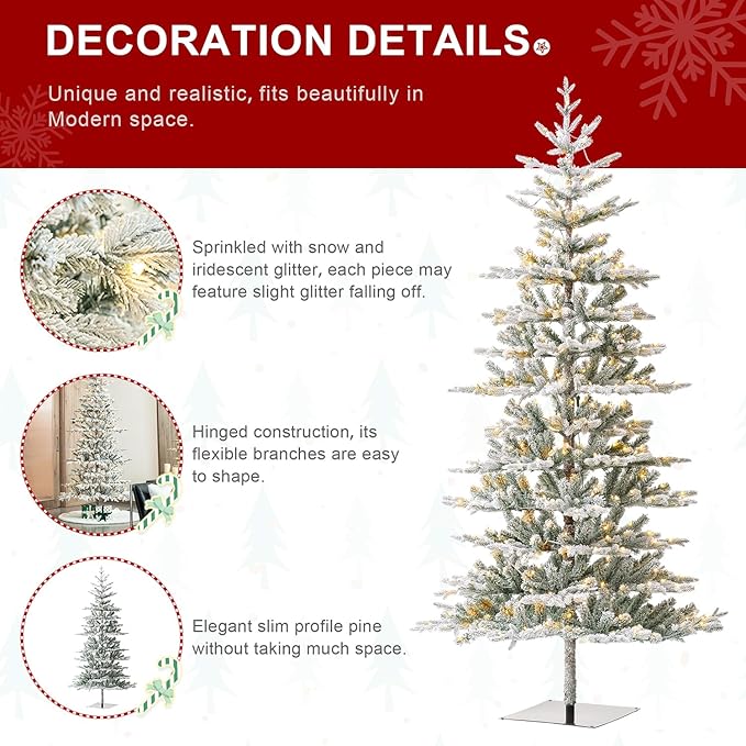 Glitzhome Christmas Tree with Lights, 8ft Deluxe Flocked Artificial Prelit Christmas TRE with 1523 PE&PVC Branch Tips, Majestic Frostfall Fir Hinged Xmas Tree w/450 Warm White Lights, Easy Assembly