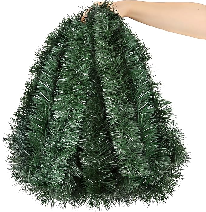 50FT PVC Green Christmas Tinsel Garland Tinsel Twist Greenery Garland for Christmas Tree Decorations, Xmas Tree Decor for Home Indoor Party Supplies