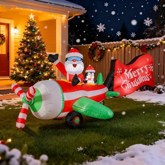 VCUTEKA Christmas Inflatables Outdoor Decorations, 10.5FT Blow Up Airplane Santa Claus and Penguin, Animated Christmas Inflatable Rotating Propeller, LED Light Yard Decoration for Holiday Garden