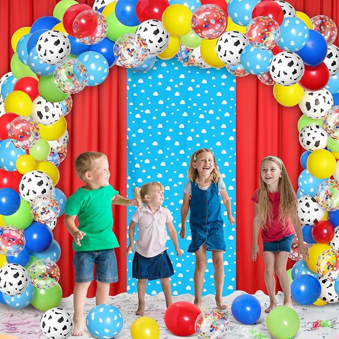 116 Pcs Boy Story Baby Shower Decorations Kit Cartoon Backdrop Includes Blue Sky White Clouds Backdrop Panels Chiffon Background Curtain Balloons for Boys Girls Birthday Party