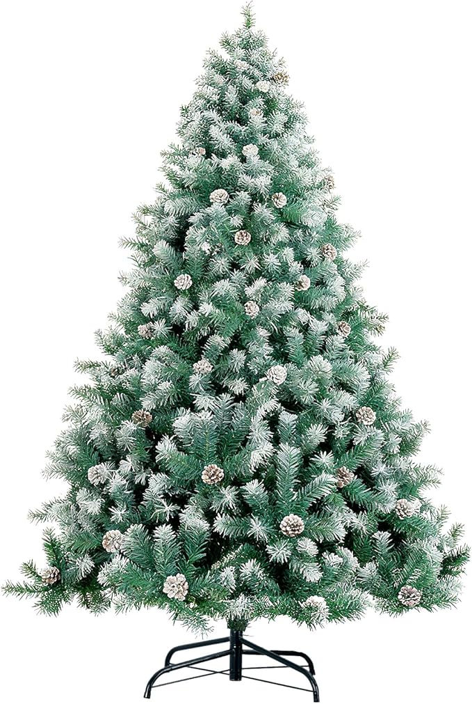 7ft Green Artificial Christmas Tree with Pine Cones and Snow Flocked Branches, Realistic Full Shape Xmas Tree with Sturdy Metal Stand for Indoor Holiday Decoration