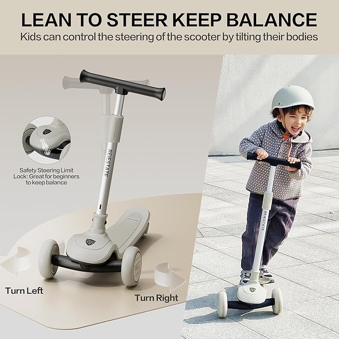 Aesthetic Scooter, Kids 3 Wheel Scooter with LED Light-Up Wheels, Adjustable Handlebar (25.2"-35.4") for Ages 3-18, Max 220 lbs, Safety Steering Lock, Anti-Slip Deck & One-Piece Brake