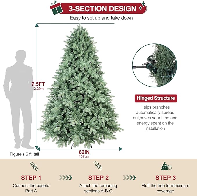 7.5ft Christmas Tree ，Artificial Full Christmas Trees for Home, Office, Xmas Decoration Spruce Trees with 2908 PE & PVC Branch Tips, Metal Hinges Foldable Base