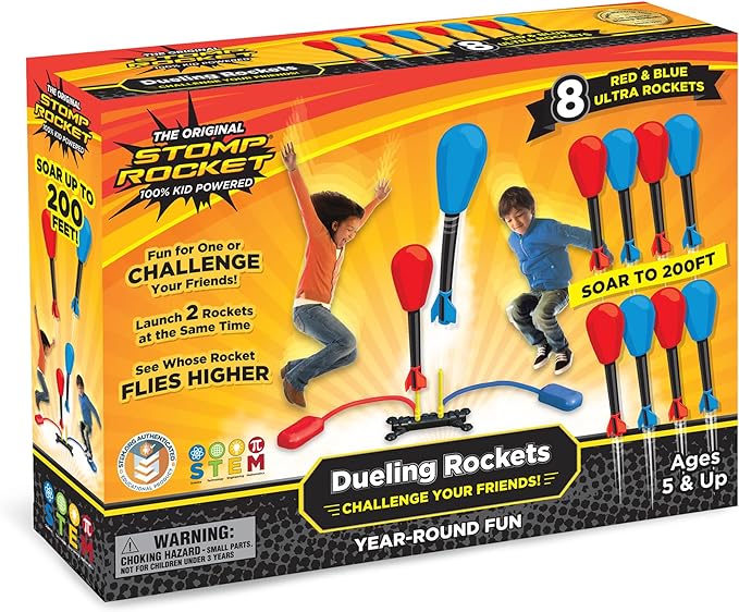 Stomp Rocket Original Dueling Rocket Launcher for Kids, 8 Rockets - Fun Backyard & Outdoor Kids Toys Gifts for Boys & Girls -Toy Foam Blaster Set Soars 200ft - Multi-Player Launcher Stand
