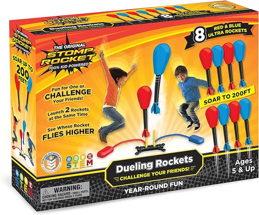 Stomp Rocket Original Dueling Rocket Launcher for Kids, 8 Rockets - Fun Backyard & Outdoor Kids Toys Gifts for Boys & Girls -Toy Foam Blaster Set Soars 200ft - Multi-Player Launcher Stand