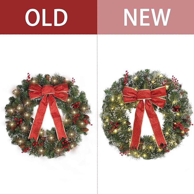 Christmas Wreath Front Door Wreath - 24 Inch Pre-Lit Outdoor Wreaths for Front Door Battery Operated 55 White Lights Bulbs Christmas Decoration Wall Wreath Outside DiliComing