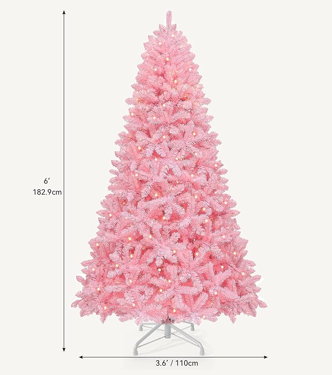 DWVO 6ft Pre-lit Christmas Tree with Lights, Pink Prelit Atificial Trees with 947 Tips & 250 UL Listed Lights, Automatic Branches & Easy Assembly for Home Party