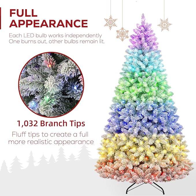 Hykolity 6ft Pre-lit Flocked Christmas Tree with Remote Control, 250 Multi-Color RGB Lights,1032 PVC Branch Tips, 15 Mode Artificial Hinged Christmas Tree for Home