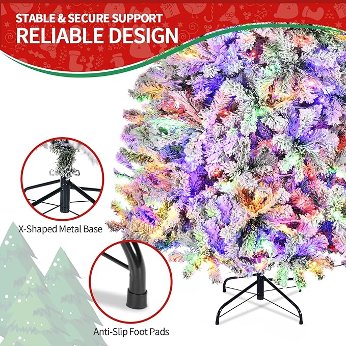 6ft Prelit Christmas Tree Snow Flocked Artificial Xmas Tree with 250 Colorful LED Lights, Remote Control, 1000 Branch Tips, Time and 11 Light Modes