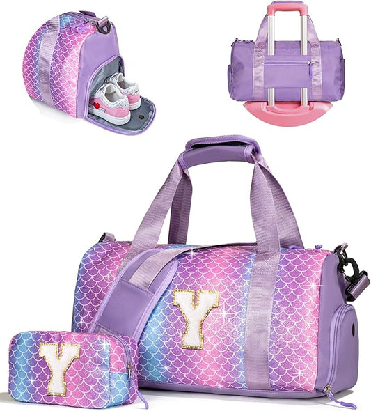 Christmas Gifts for Kids-Girl Gym Bag with Shoe Compartment, Kid Personalized Weekender Overnight Bags, Initial Travel Tote with Makeup Pouch, Graduation Gift for Girls (Letter Y)