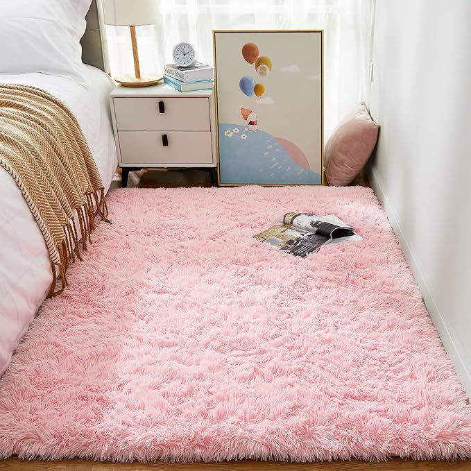 Ophanie Pink Rug for Bedroom Girls, Kids Fluffy Kawaii Fuzzy Furry Shag Area Rug, Cute Plush Soft Shaggy Bedside Indoor Floor 4x6 Carpet for Teen Nursery Dorm Home Room Decor Aesthetic