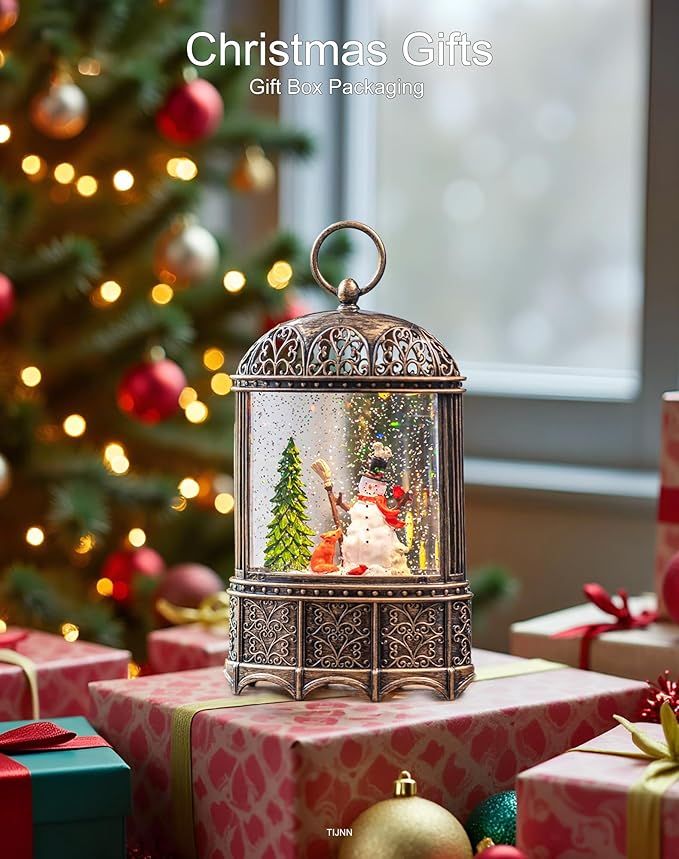 11" Christmas Snow Globe Lantern Winter Home Decor Rotating Snowflakes with Music and Timer Function USB or Battery Powered (Snowman)