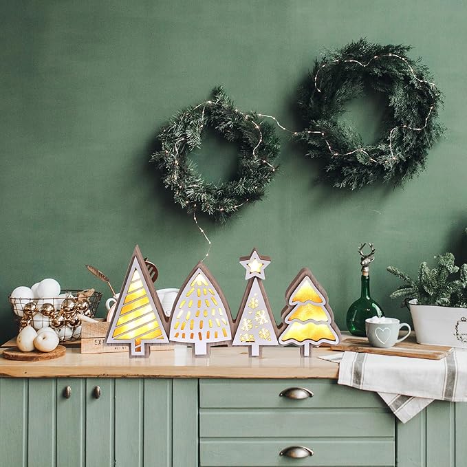 Christmas Tabletop Decorations, Lighted Wooden Christmas Tree Table Decor, Indoor Xmas Tree Block Sign with LED Lights, Farmhouse Winter Holiday Centerpiece for Mantel Shelf (White)