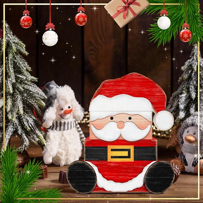 Britimes 4 Pcs Christmas Santa Table Decor Christmas Tiered Tray Decorations Set Santa Stack Block Signs Gift Rustic Farmhouse Tabletop Decor for Table & Home Office