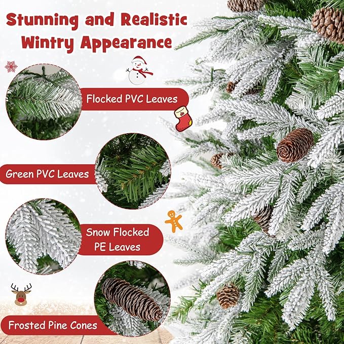 Goplus 7.5 FT Pre-Lit Artificial Christmas Tree, Snow Flocked Hinged Xmas Tree with 470 Warm-White LED Lights, 1135 Tips, 81 Pine Cones, Lighted Xmas Tree for Office Home Decoration