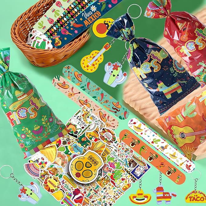 Mexican Fiesta Party Favor 122 PCS Mexican Themed 12 Slap Bracelets 12 Silicone Bracelets 50 Stickers 12 glitter drinking straws 12 Fiesta Keychains 12 Candy Bags 12 Bubble Wands for Mexican Party