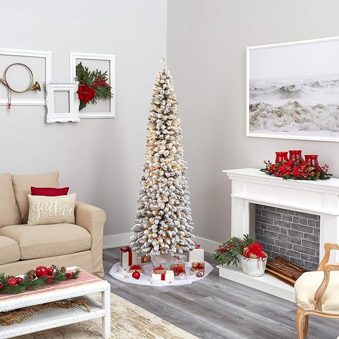 Nearly Natural 7ft. Flocked Pencil Artificial Christmas Tree with 400 Clear Lights and 574 Bendable Branches