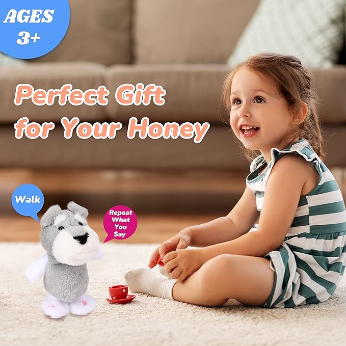 Hopearl Talking Schnauzer Singing Dog Repeats What You Say Puppy Walking Electric Interactive Animated Toy Speaking Plush Buddy Gifts for Toddlers, Gray, 8''