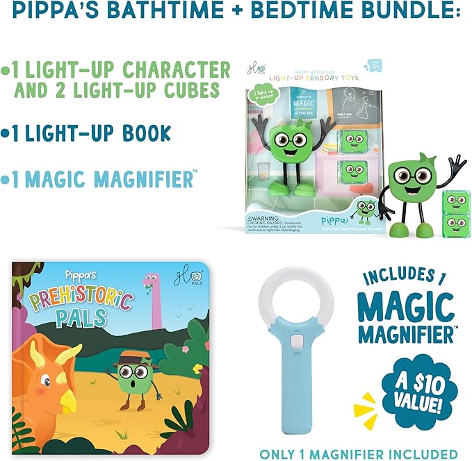 Glo Pals Pippa Bath & Bedtime Bundle - Light Up Bath Toy with 1 Interactive Book, 2 Light Cubes & 1 Magic Magnifier - Toddler Bath Toys Set with Storybook Character - Educational Kids Bath Time Fun