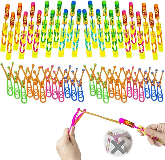 50 Pcs Slingshot Flying Toys with Led Lights,25 Pcs LED Arrow Helicopters + 25 Pcs Launchers,Summer Outdoor Game Glow in The Dark Party Supplies Party Favors for Kids 4-8,8-12 Bulk Toys