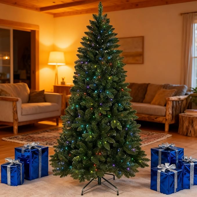 7 ft Prelit Christmas Tree with 400 Multi-Color Changing RGB LED Lights, Twinkle Artificial Christmas Tree with 1063 Tips