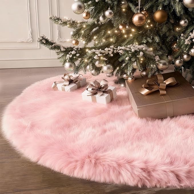 iMucci 30inch Christmas Tree Skirt Wool Fur Pink Tree Skirt Small Tree Skirts Pink Trees Skirt Holiday Party Decoration