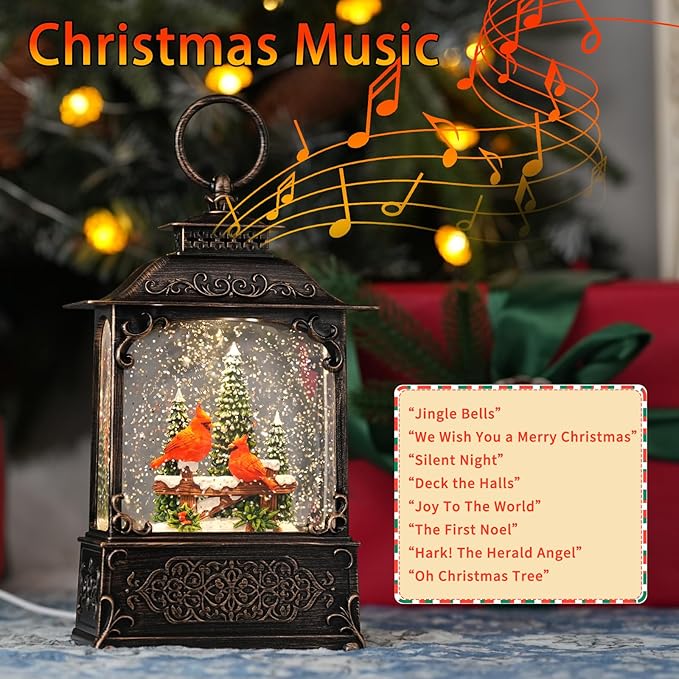 Red Cardinals Bird Snow Globe, Light Up Christmas Snow Globes with Music Timer - USB Plug or Battery Operated Glitter Globe Indoor Christmas Decorations