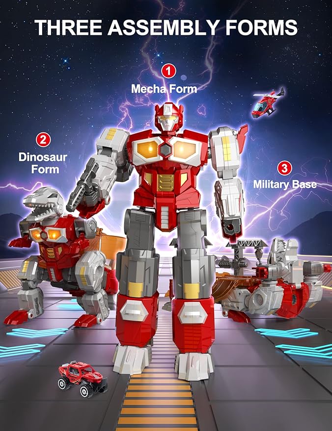 Transforming Toys - Dinosaur Robot Action Figures - Magnetic Assembling Robot Toys for Kids All-in-One Design Transforming Animals, Robots, Military Base Including Battle Guns, Cars, Airplane Models