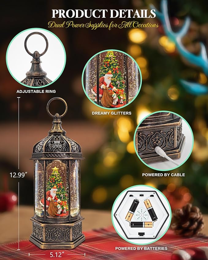 Musical Christmas Snow Globes Lantern, 13" Lighted Electric Snowglobes with 8 Holiday Songs, 6H Timer Dual Power, Santa with Gifts Christmas Ornaments Snow Globe for Kids Adults, Gifts for Men Women