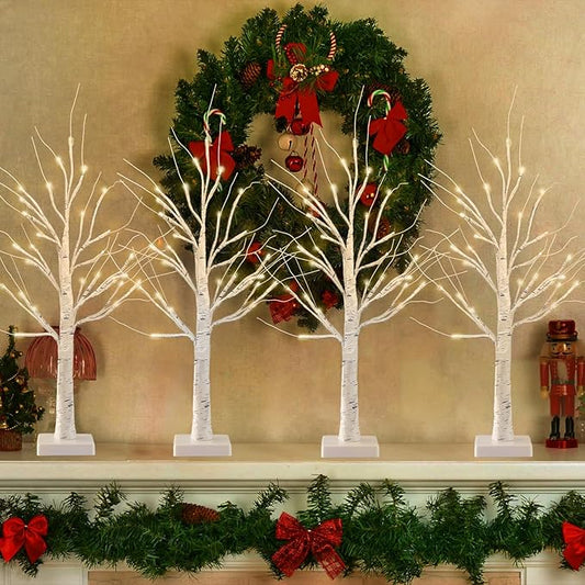4-Pack 2FT Lighted Birch Tree for Christmas Decor with Timer, Birch Christmas Tree with 24 LED Warm White Lights, Battery Operated Artificial Tree Light for Indoor Bedroom Wedding Holiday Decorations