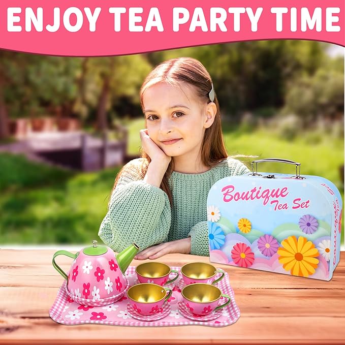 SMILESSKIDDO 15pcs Tea Party Set for Little Girls - Princess Tea Party Sets,Kids Kitchen Pretend Play Toys - Toddler Tea Party Sets for Girl 3-5, Girls Tea Party Set Gift for 3 4 5 6 7 8 Girl (Pink)