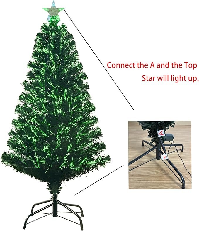 4FT Pre-lit Fiber Optic Christmas Tree with Lighted Star, PVC & Iron Construction, Green Artificial Christmas Tree with 141 Branch, Indoor Christmas Decorations, Holiday Home Xmas Decoration
