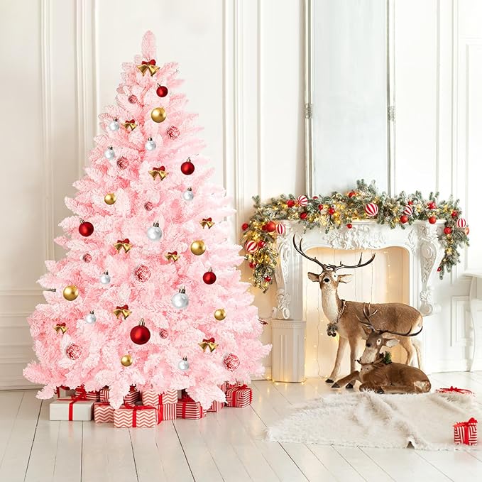 SUNCROWN 6ft Artificial Flocked Christmas Tree Premium Frosted Snow Christmas Tree Hinged Xmas Tree Holiday Decor for Indoor Outdoor, Foldable Metal Stand, 1000 Branch Tips, Pink