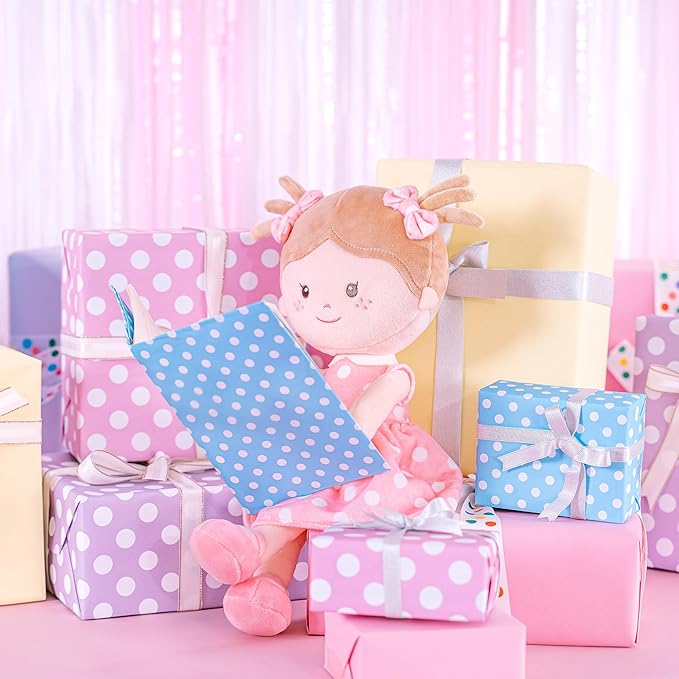 Onetoo Plush Rag Doll Sleeping Cuddle Buddy Doll Soft Baby Doll First Baby Doll Wear Coral Polka Dot Dress 14"（Milly Series）