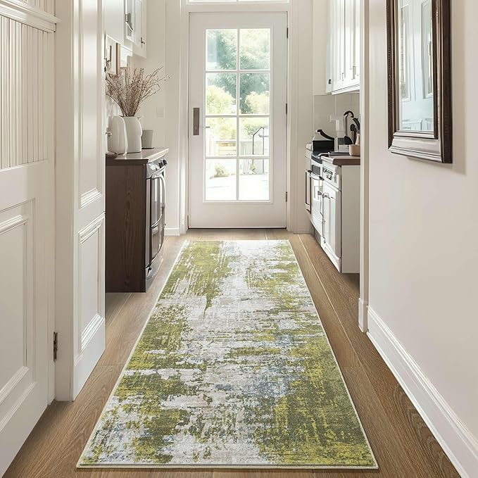 2x6 Sage Green Rug Runners for Hallways Kitchen Runner Rug Non Slip Washable Long Runner Rugs with Rubber Backing Soft Abstract Carpet Runner for Hallways, Kitchen, Bathroom, Entryway