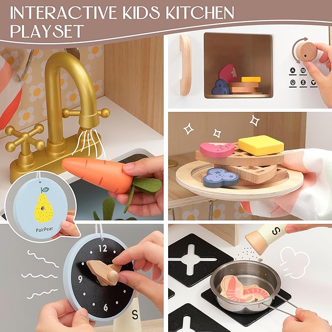 PairPear Play Kitchen for Kids, Wooden Toy Kitchen Set with Coffee Maker Ice Maker & Play Kitchen Accessories, Pretend Play Toddler Kitchen Toys Gift for Girls Boys 3+
