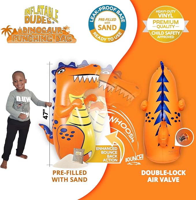 INFLATABLE DUDES Dinosaur -Kids Punching Bag | Already Filled with Sand| Bop Bag | Premium Inflatable Toy | Punching Bag for Kids | Enhanced Bounce-Back Action! | Indoor Outdoor - Party Games