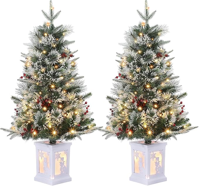 3FT Prelit Artificial Christmas Tree with Lights, 3 Foot Artificial Christmas Tree with Snowflake Base, 78 LED Prelit Christmas Tree, Battery Operated, Timer, Easy Assembly, Winter Holiday Decor