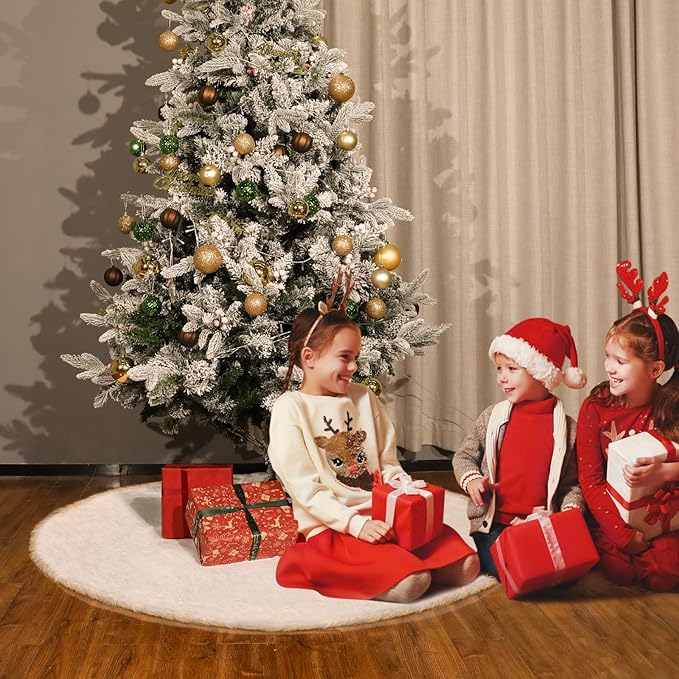 72" Faux Rabbit Fur Christmas Tree Skirt - Premium Snow-White Plush with 3 Hook and Loop Closures & Felt Base for 7.5-12 Ft Trees