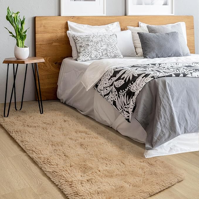 2x6 Beige Fluffy Bedside Runner Rug Machine Washable, Shag Throw Bedroom Rugs Non Slip, Hallway Small Area Long Plush Carpet for Nursery, Kid Boy Girl Room