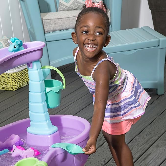 Step2 Rain Showers and Unicorns Water Table, Kids Water and Sand Activity Sensory Playset, Summer Outdoor Toys, 13 Piece Water Toy Accessories, for Toddlers 1.5+ Years Old, Blue & Purple