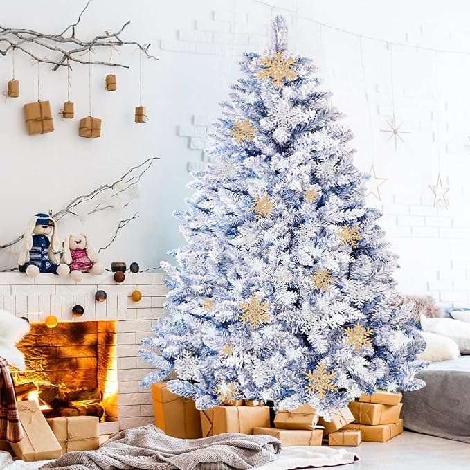 SUNCROWN 6ft Artificial Flocked Christmas Tree Premium Frosted Snow Christmas Tree Hinged Xmas Tree Holiday Decor for Indoor Outdoor, Foldable Metal Stand, 1000 Branch Tips, Dark Blue