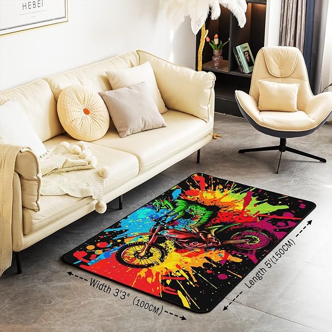 Erosebridal Motocross Rugs for Boys Girls, Motorcycle Racer Area Rug 3x5, Extreme Sport Tie Dye Dirt Bike Motor Vehicles Biker Carpet for Bedside for Kids Car Game Decorative Rug
